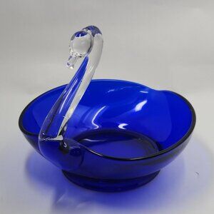 Vintage Cobalt Blue Swan Trinket Bowl Candy Dish Art Glass Centerpiece MCM